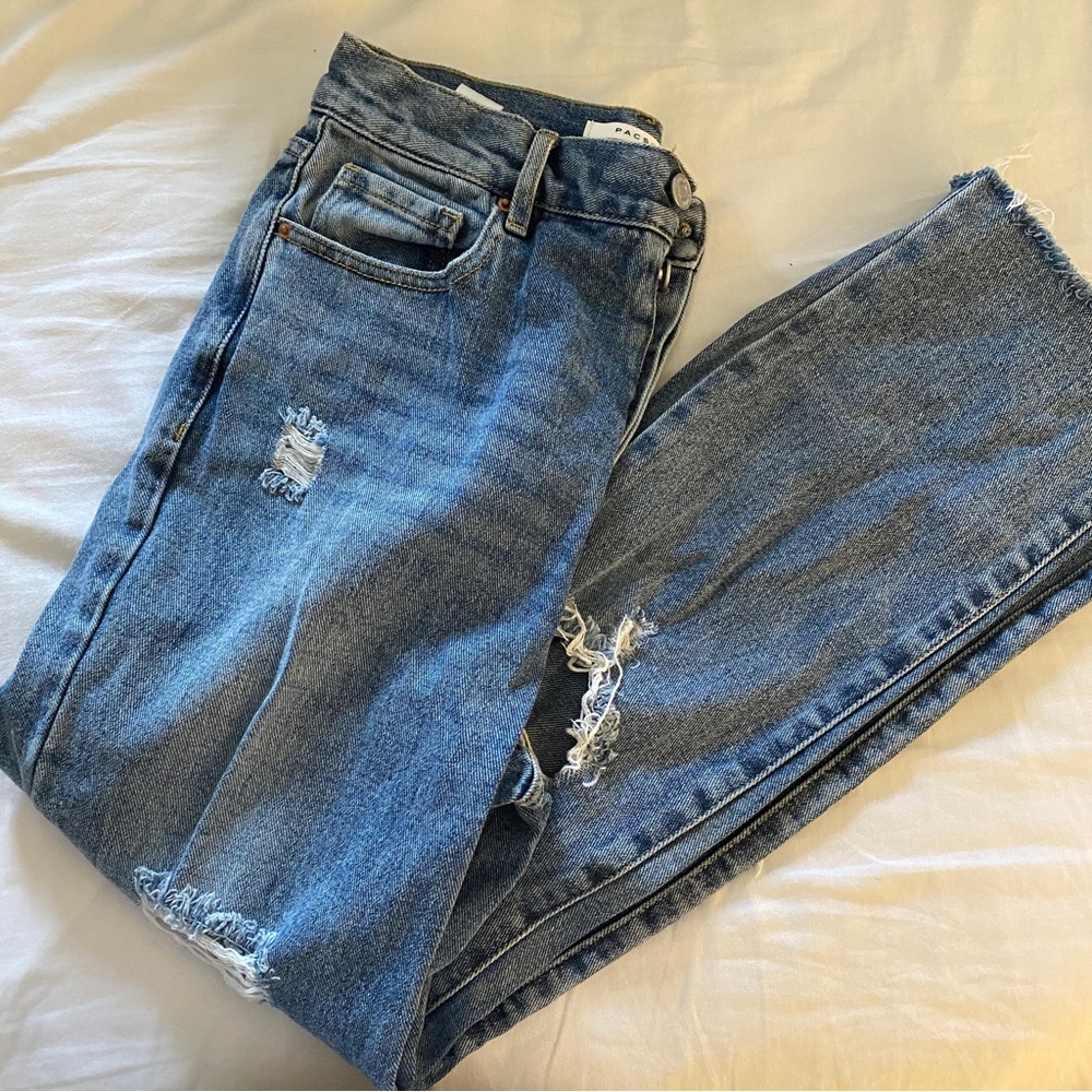 pacsun high rise straight distressed medium wash jeans